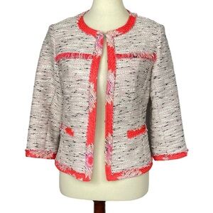 Trina Turk Jacket Women 2 Ivory Black Coral Pink La Brea Texture Jacquard Fringe